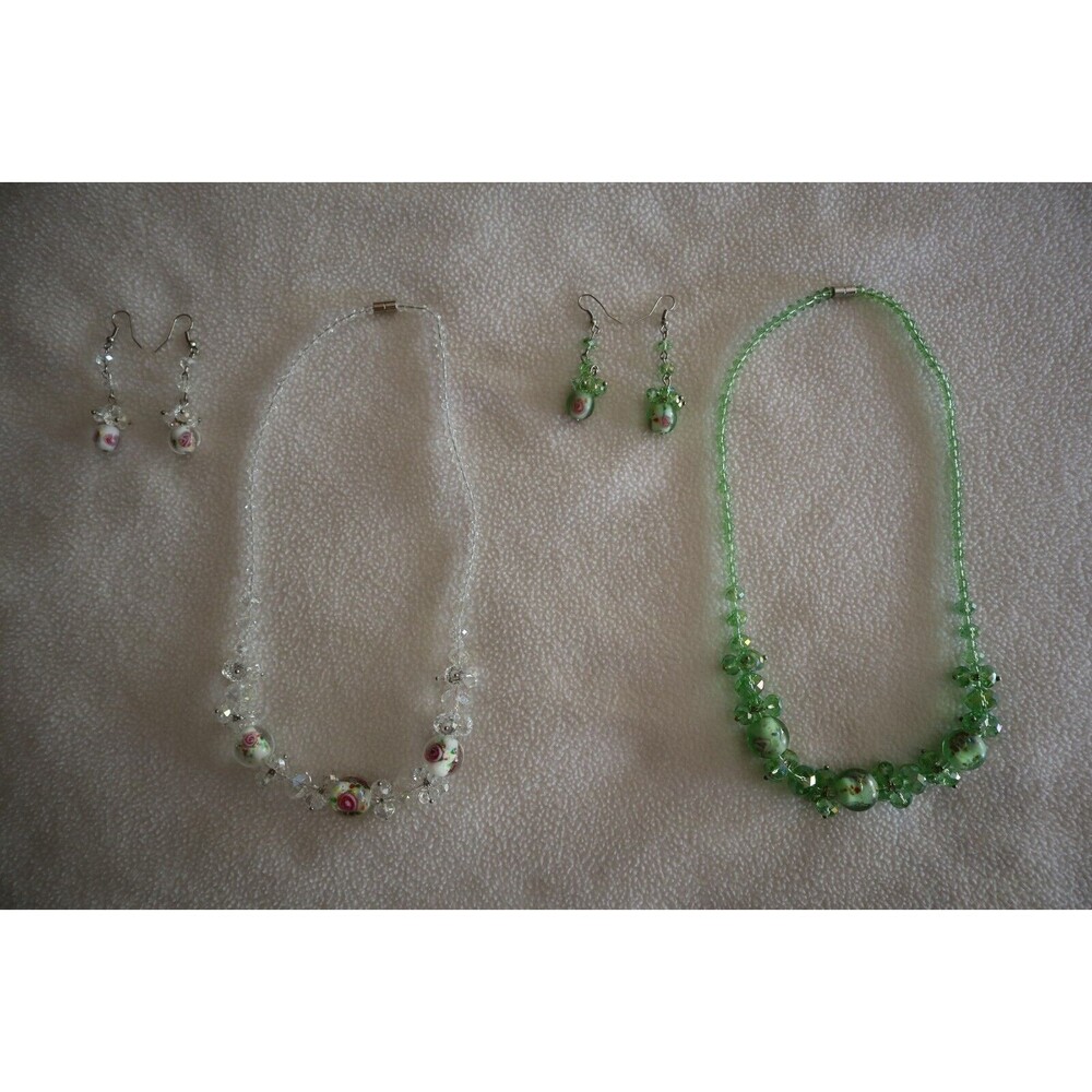 Lot Faceted Plastic Floral Glass Beads Necklace Dangle Hook Earring Green Clear